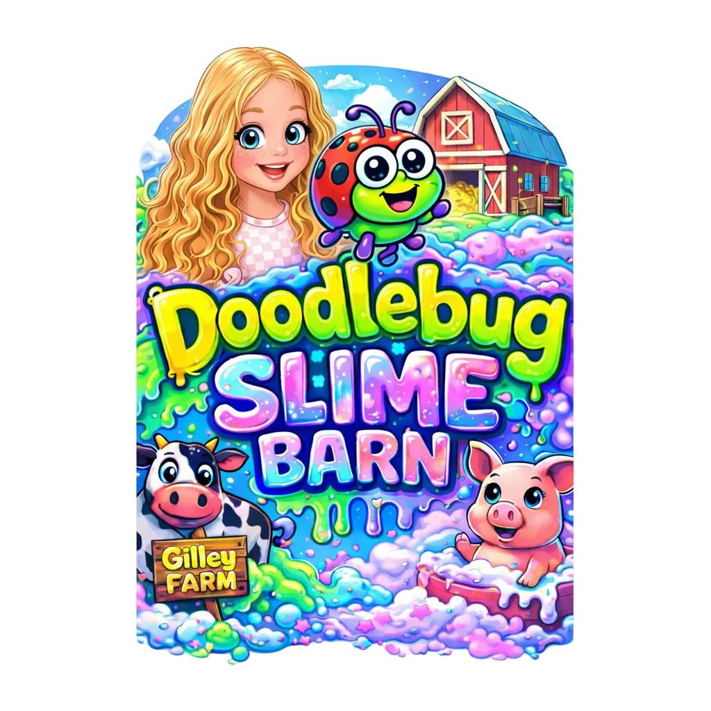 Colorful packaging of Doodlebug Slime Barn with a girl, ladybug, cow, and pig illustration.